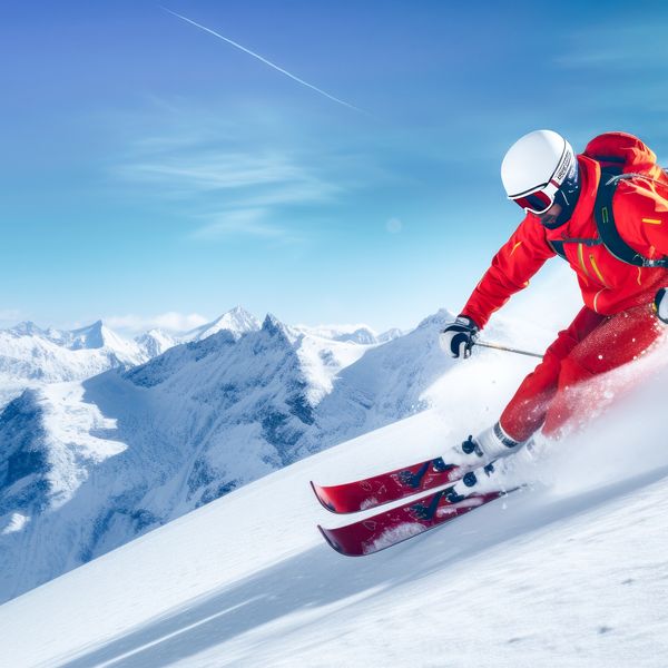 Skier skiing downhill at a ski resort in winter.