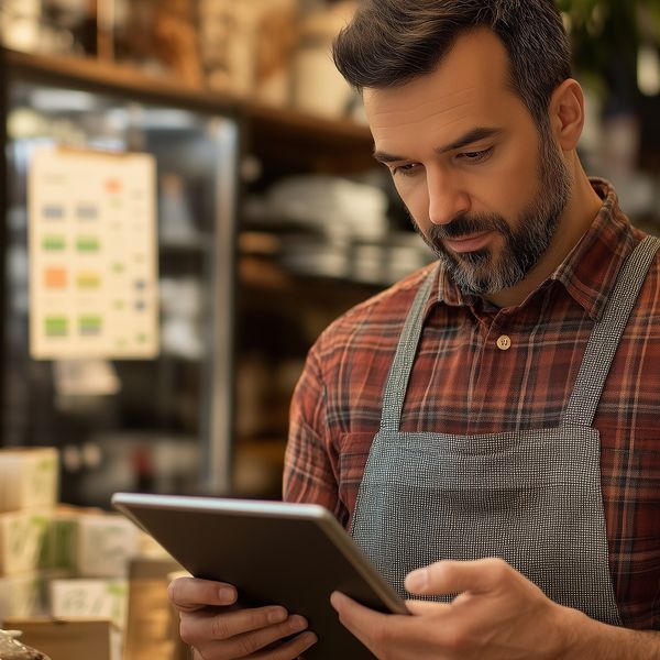 Small business owner reviewing daily finances on a tablet