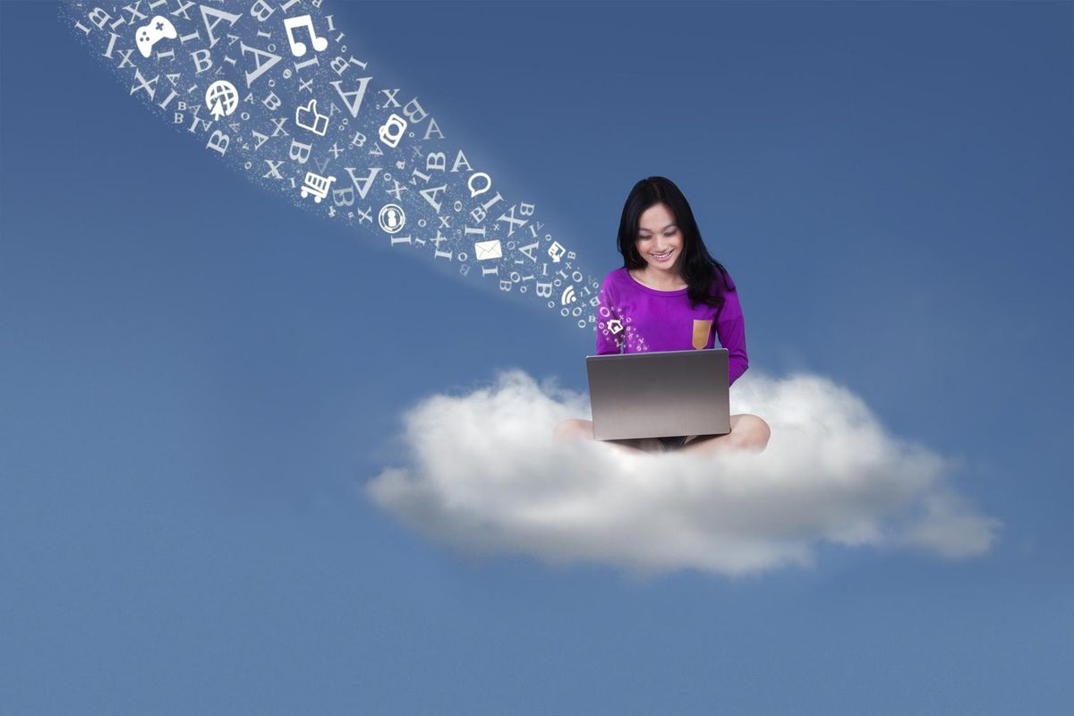 student with laptop on the cloud