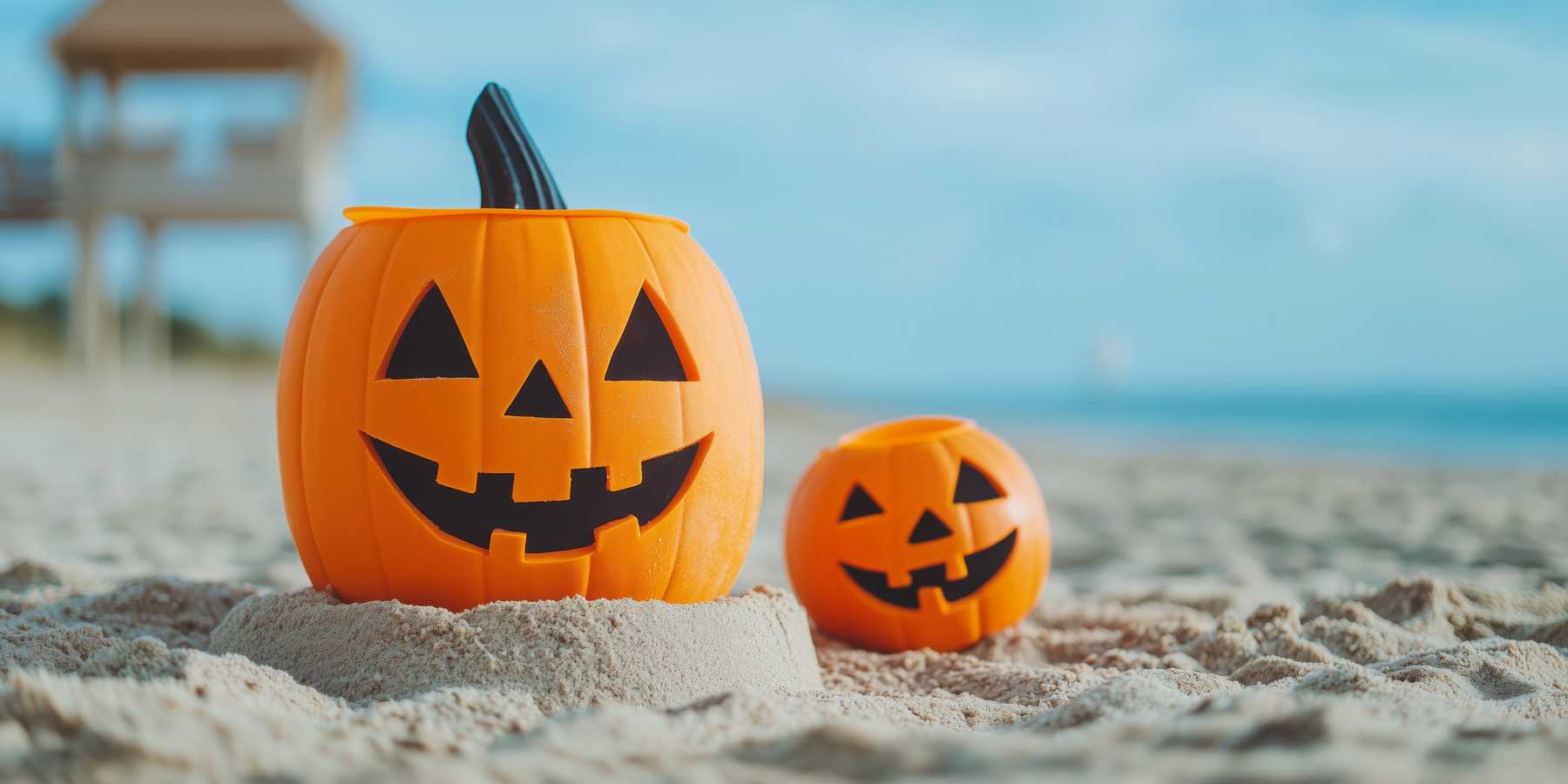 Summerween jack-o'-lanterns on sandy beach under clear sky