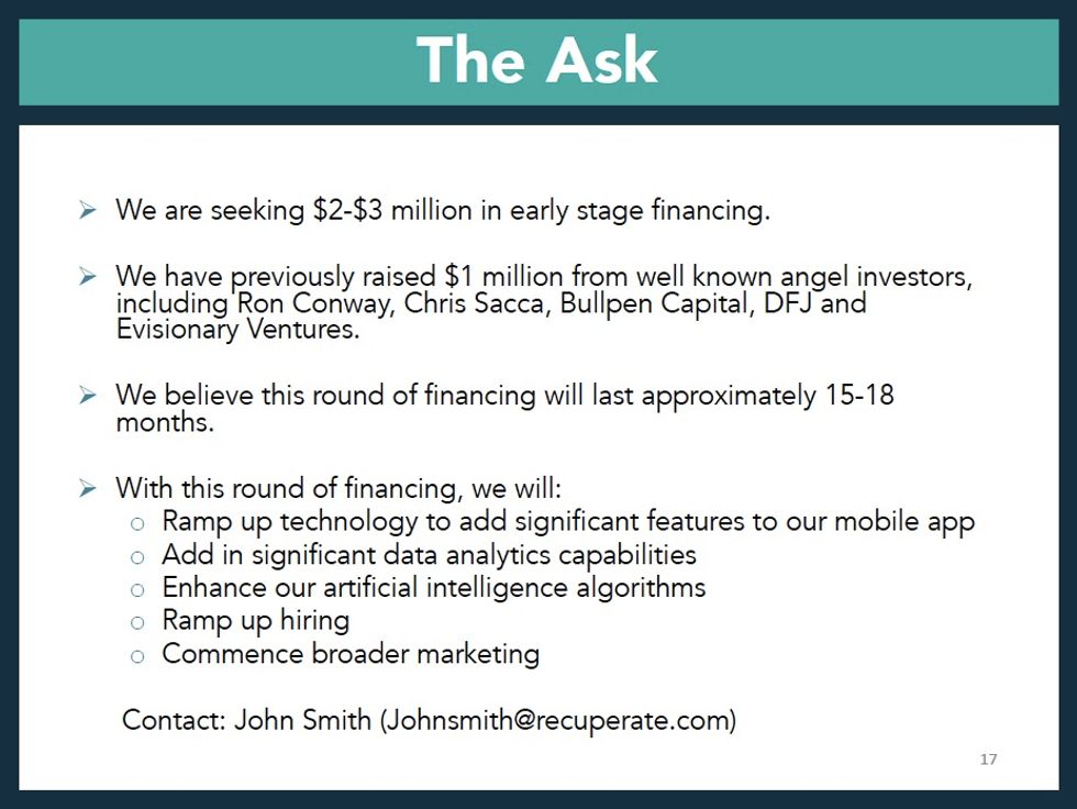 the ask slide of the investor pitch deck