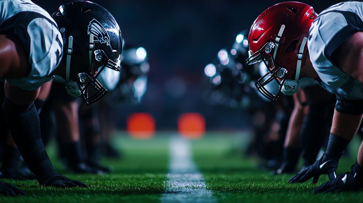 Two football teams face off on a brightly lit field