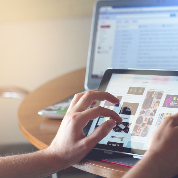Woman having user experience with software product