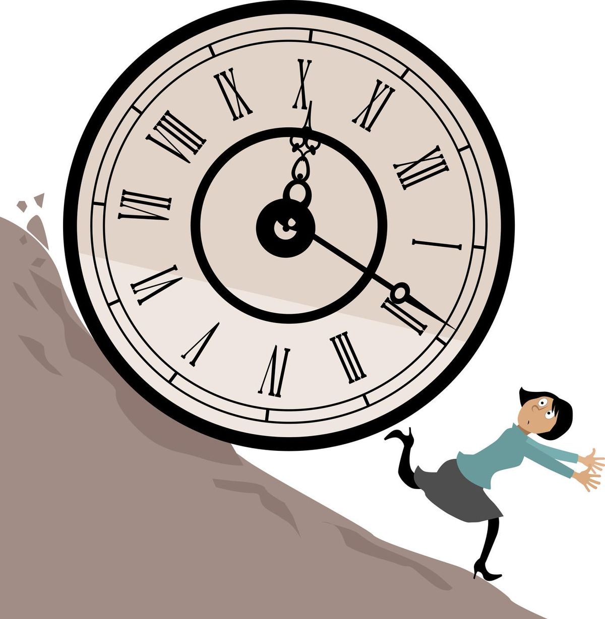 Woman running from a huge clock rolling downhill