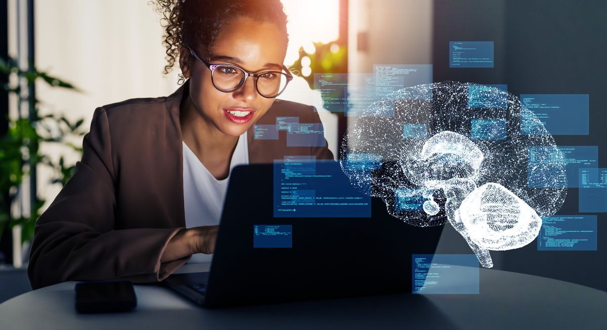 Woman working to create generative AI prompts for her small business